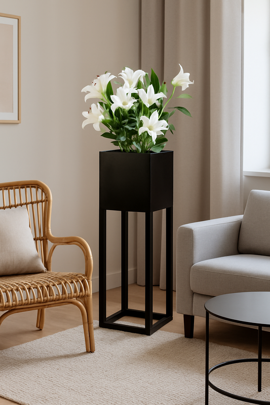 Black cube with lilium plant