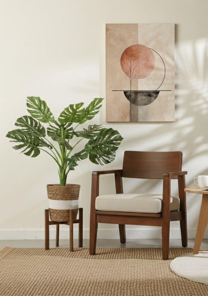 Woven wicker bot with wood stand